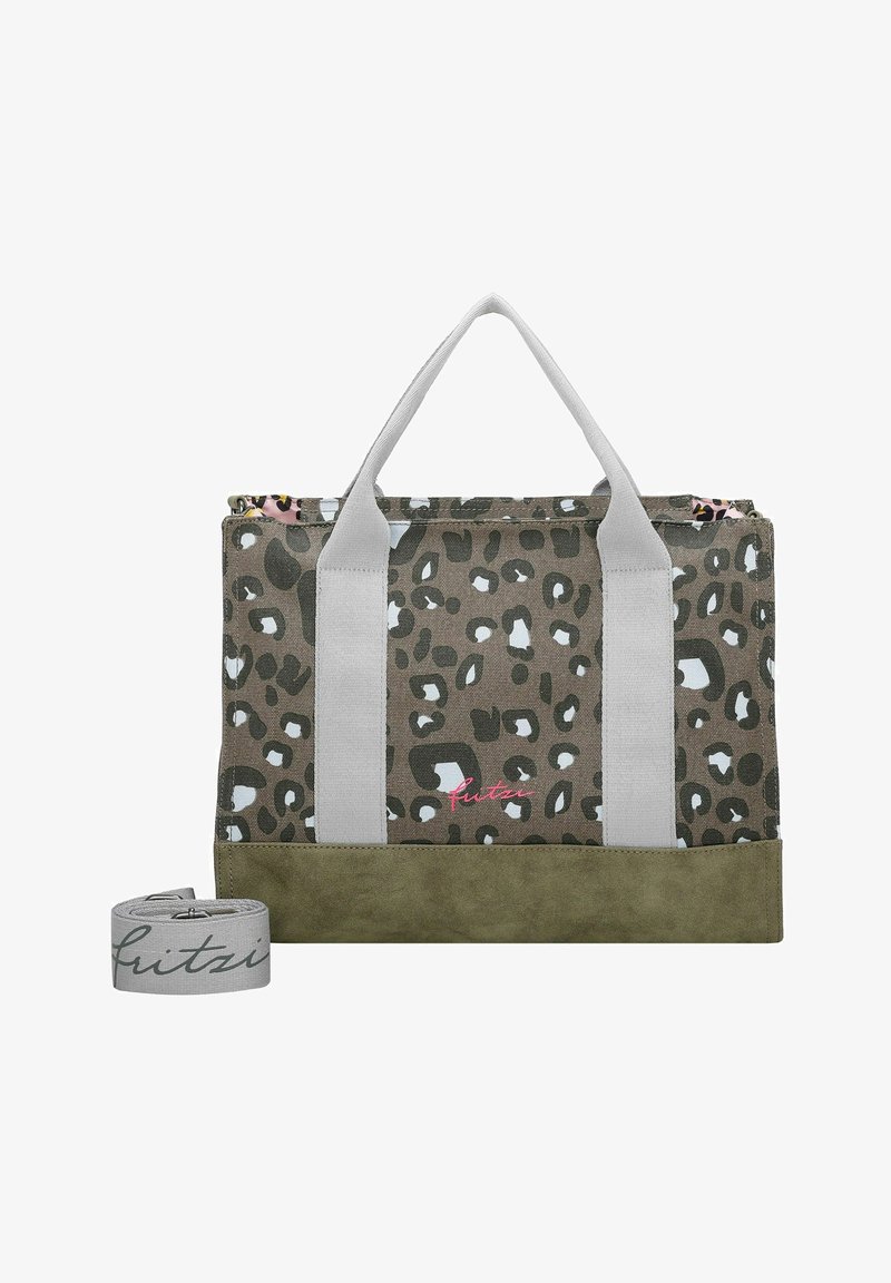 Canvas Tragetasche mit khaki-schwarzem Leopardenmuster, weißen Griffen und einem grünen Wildlederboden. Enthält einen passenden verstellbaren Schulterriemen.