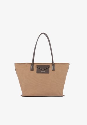 Large beige canvas tote bag with dark brown leather handles and front pocket, Lancaster Paris branding on pocket flap.