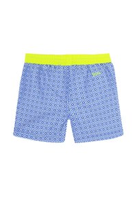Shorts de bain bleus avec un motif géométrique blanc, taille élastique jaune fluo, et jambes droites. Tissu léger et sans poches.