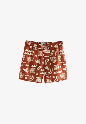 Herren-Badehosen in Rostfarbe mit weißen geometrischen Mustern, darunter Wellen, Vögel und Pflanzen. Elastischer Bund mit Kordelzug.