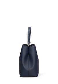 Marineblauwe leren handtas met een gestructureerde, kegelvormige vorm. Voorzien van een kort handvat en een gladde textuur met subtiele stiksel details.