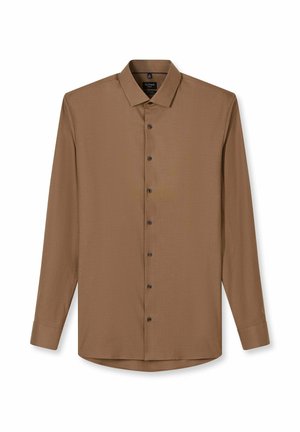 Braunes Langarm-Hemd mit Knopfleiste, spitzem Kragen und abgerundetem Saum, flach auf weißem Hintergrund dargestellt.