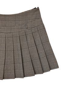Gonna plissettata a quadri bianca e nera con vita dritta e chiusura con zip, caratterizzata da pieghe nette e un tessuto testurizzato.