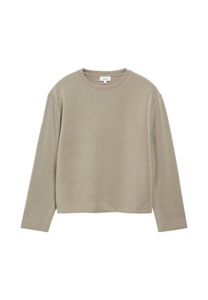 Sweat-shirt beige à manches longues avec col rond, ourlet droit et coutures visibles aux épaules et aux poignets.