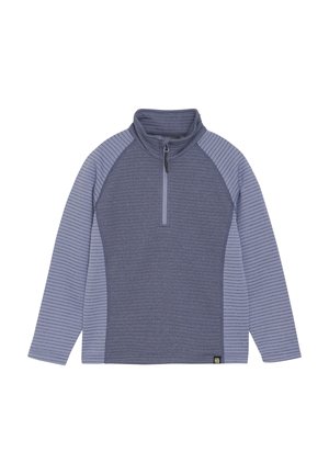 Fleece-Pullover mit einem halben Reißverschluss, featuring einem strukturierten dunkelblauen Körper und hellblauen gestreiften Ärmeln. Weicher Stoff mit Raglanärmeln.