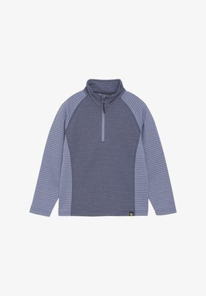 Pullover fleece met een halve rits, met een gestructureerd donkerblauw lichaam en lichtblauwe gestreepte mouwen. Zacht materiaal met raglanmouwen.