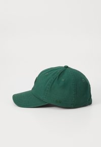 Green cotton cap with a curved brim, embroidered detail on the front, and six ventilation holes on the crown. Classic design and texture.