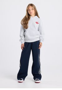 Grey hoodie with red logo, relaxed fit, kangaroo pocket. Navy wide-leg pants with white side stripes. White and red sneakers.