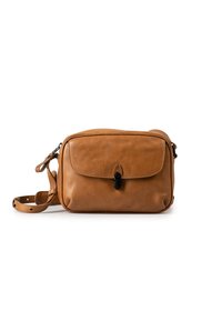 Tan leather crossbody bag with a flap closure, textured surface, adjustable strap, and black hardware accents. Rectangular shape.