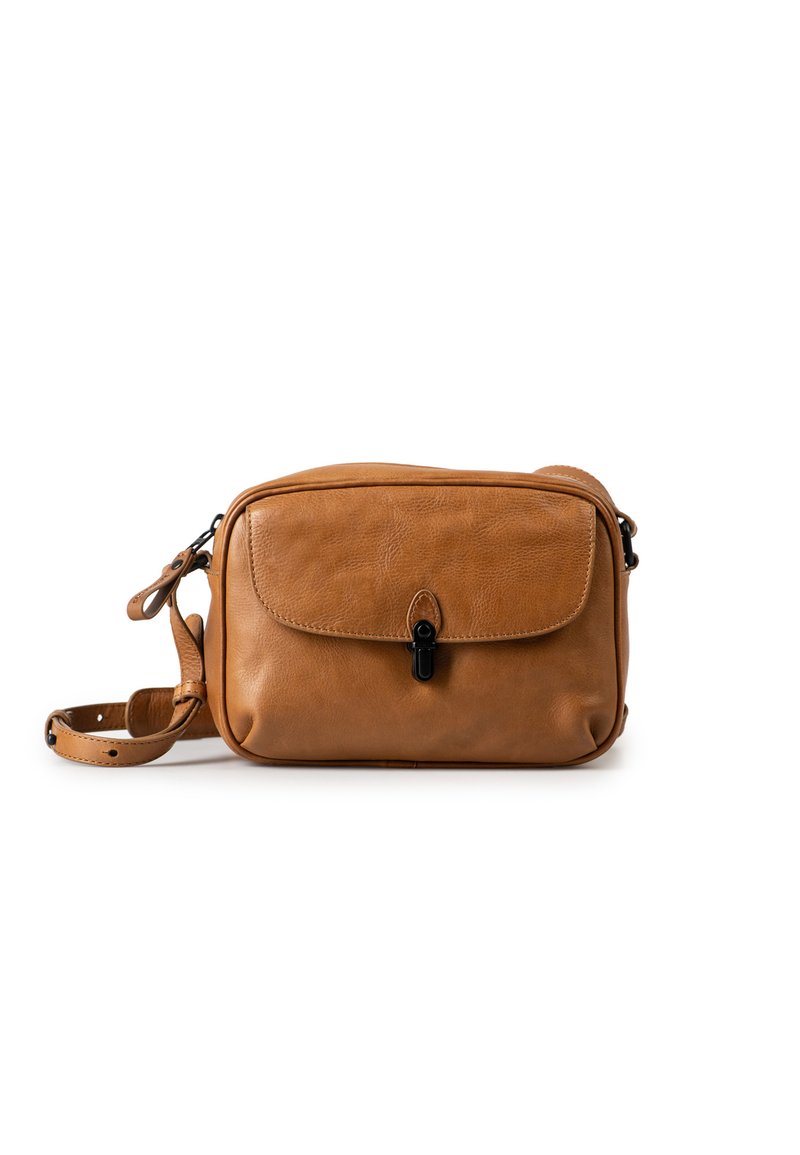 Tan leather crossbody bag with a flap closure, textured surface, adjustable strap, and black hardware accents. Rectangular shape.
