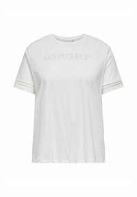 Witte katoenen t-shirt met de tekst "amour" in lichtgroene borduursel, korte mouwen met kantafwerking en een relaxte pasvorm.