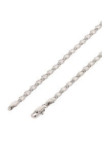 Metal kæde i s�ølvfarve, der har sammenflettede led med stjerneskudsmønstre og afsluttes med en drejekrog til sikker fastgørelse.