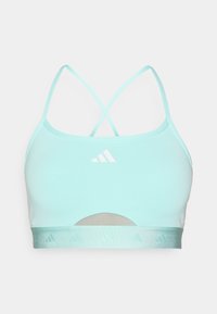 Svijetloplava atletska bretele s X-natrag trakama, elastičan pojas s logotipom i izrezom sprijeda za ventilaciju.