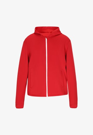 Rød zip-up hoodie lavet af glat stof, med en hvid lynlås, to sidelommer og en standard hætte. Enkel, klassisk design.
