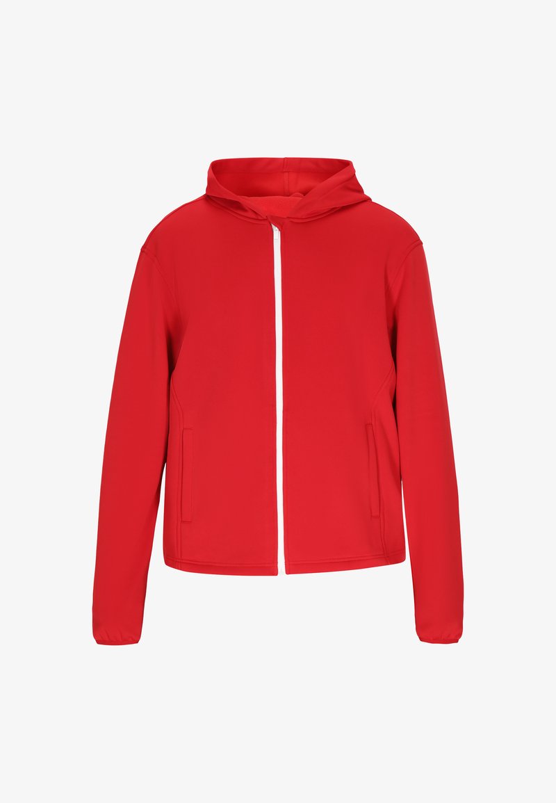 Rød zip-up hoodie lavet af glat stof, med en hvid lynlås, to sidelommer og en standard hætte. Enkel, klassisk design.