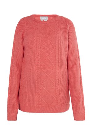 Pulover roz din tricot cu model cable, cu guler rotund, mâneci lungi și modele de diamant pe față. Material texturat pe toată suprafața.