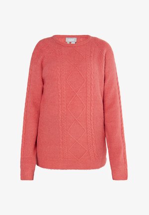 Pink cable-knit sweater featuring a round neck, long sleeves, and diamond patterns on the front. Textured material throughout.