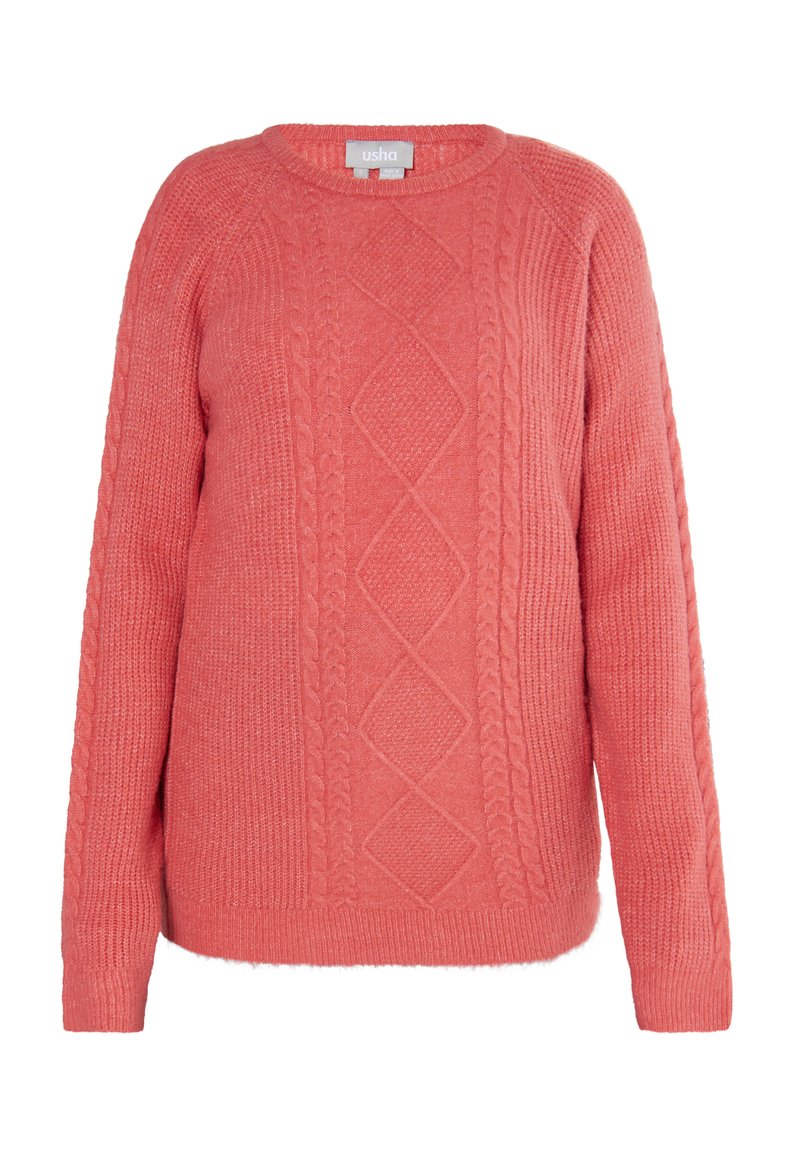 Rosa Strickpullover mit Rundhalsausschnitt, langen Ärmeln und diamantförmigen Mustern auf der Vorderseite. Texturiertes Material durchgehend.