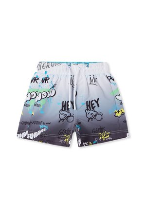 Costume da bagno con design gradient, da bianco a grigio, caratterizzato da motivi di graffiti colorati, vita con coulisse e tessuto leggero.