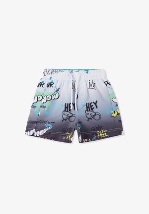 Kąpielówki z gradientowym wzorem od białego do szarego, zdobione kolorowymi wzorami graffiti, z elastycznym paskiem na sznurek i lekkim materiałem.