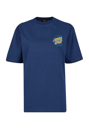 Námořnická modrá bavlněná tričko s krátkými rukávy a kulatým výstřihem. Obsahuje barevný grafický prvek "SANTA CRUZ" na levé části hrudi.