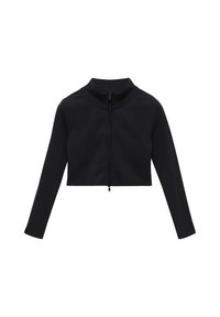Schwarze, verkürzte Zip-Jacke mit hohem Kragen, langen Ärmeln, gerippter Textur und einem einzigen Reißverschlussverschluss vorne.