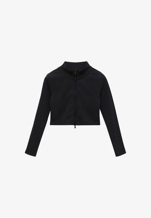 Black cropped zip-up jacket with a high collar, long sleeves, ribbed texture, and a single zipper closure at the front.