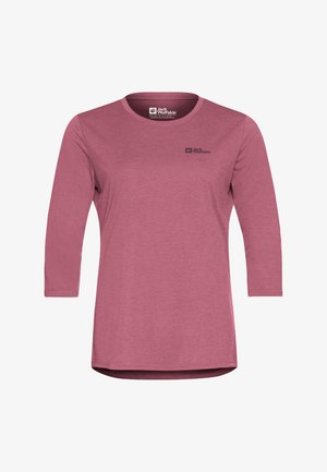 Maglietta a maniche lunghe con scollo rotondo in tessuto rosa chiaro con una leggera texture. Presenta un piccolo logo sul lato sinistro del petto e un orlo curvo.