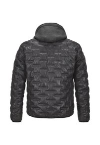 Schwarze gesteppte Jacke mit strukturiertem Finish und grauem Stoffhut. Verfügt über ein schlankes Design und elastische Bündchen.