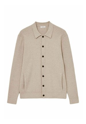 Beige knit cardigan with a collared neck, seven black buttons, two side pockets, and ribbed cuffs. Soft texture and relaxed fit.