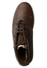 Chaussure à lacets en cuir marron avec doublure en polaire douce, vue de dessus, présentant un bout arrondi et un bord de semelle blanc.
