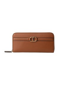 Portafoglio in pelle marrone con una superficie liscia, forma rettangolare, dettagli in oro e una doppia anta sul fronte. Con zip laterale.