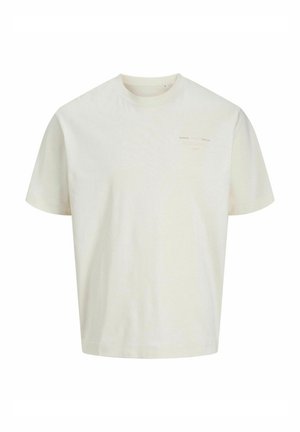 Hellbeige T-Shirt mit kurzen Ärmeln aus Baumwolle, ausgestattet mit einem kleinen, dezent bedruckten Logo auf der oberen linken Brust. Rundhalsausschnitt.