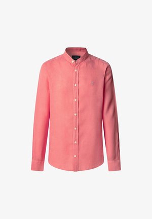 Camicia a maniche lunghe, con bottoni, in lino rosa con colletto alla mandarino e un piccolo logo ricamato sul petto. Tessuto morbido, vestibilità comoda.