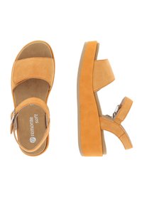 Orange suede sandals with two wide straps, adjustable buckle, cushioned insole, and a chunky beige outsole.