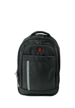 Black backpack made of textured fabric with a top handle, front zip pocket, and reflective stripe detail. Features a logo on the front.