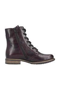 Bottine en cuir marron foncé avec fermeture éclair latérale, lacets noirs, œillets métalliques et petit talon en bois empilé.