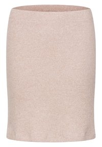 Gonna a matita lavorata a maglia in morbido rosa, con una texture liscia e rigata, vita elasticizzata e design lungo fino al ginocchio senza chiusure visibili.