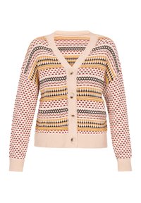 Cardigan a maglia color crema con motivi geometrici multicolore. Presenta un collo a V, chiusura con bottoni e polsini e orlo a costine.