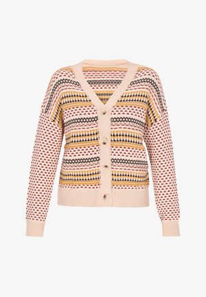 Krémszínű kötött kardigán, több színből álló geometrikus mintákkal. V-alakú nyakkivágással, gombos záródással, valamint bordás mandzsettákkal és szegéllyel rendelkezik.