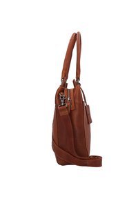 Bolso de mano de cuero marrón con dos asas, correa de hombro ajustable, cierre con cremallera y forma rectangular. Acabado texturizado con detalle de etiqueta.