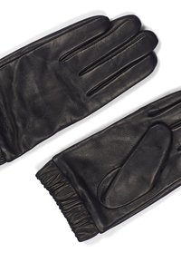 Guanti in pelle nera con una texture liscia, dotati di quattro dita e un polso arricciato, che mostrano un design classico e un aspetto elegante.