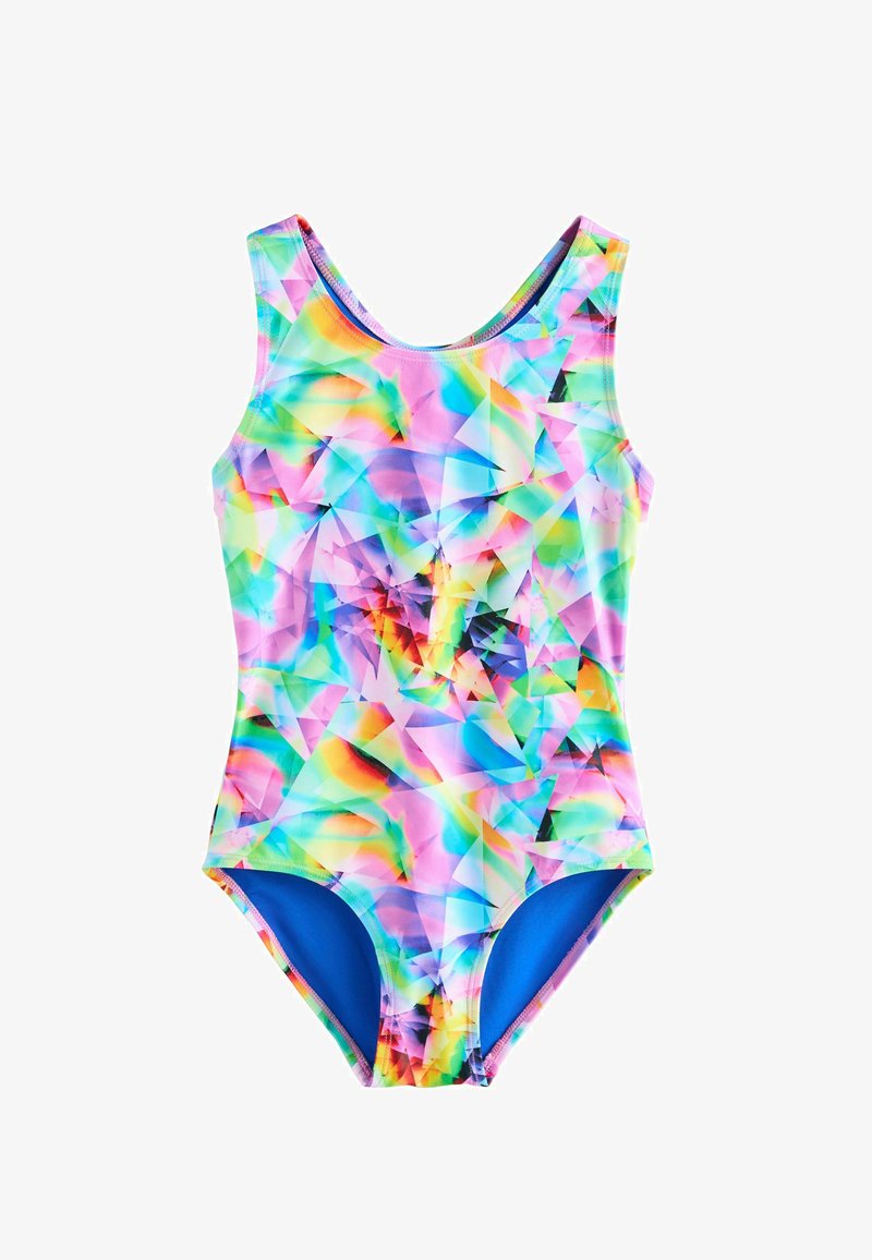 Ühekordne ujumistrikoo mitmevärvilise geomeetrilise mustriga roosas, sinises, rohelises ja kollases. Omab sinist voodrit ja ümmarguse kaelusega disaini.