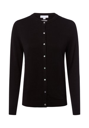 Zwarte cardigan van fijne brei, met een ronde hals, lange mouwen en zilverkleurige knopen aan de voorkant.