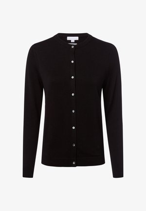Zwarte cardigan van fijne brei, met een ronde hals, lange mouwen en zilverkleurige knopen aan de voorkant.