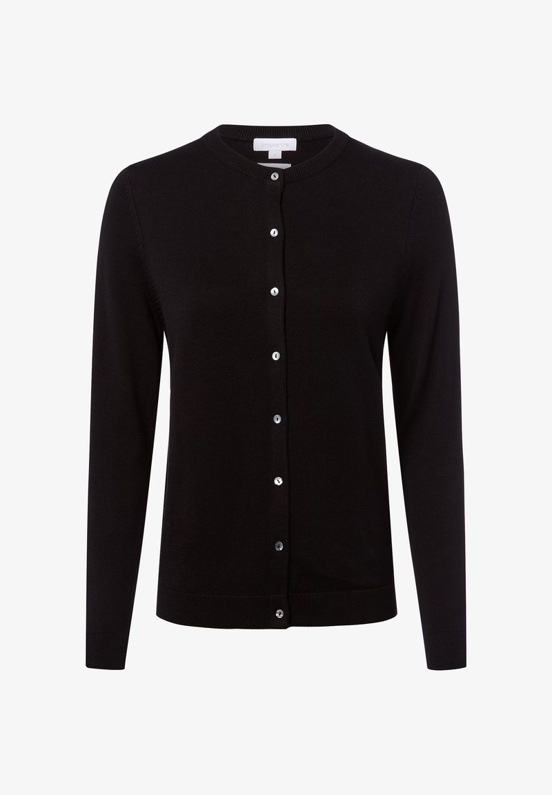 Cardigan noir en maille fine, avec un encolure ronde, des manches longues et des boutons argentés sur le devant.