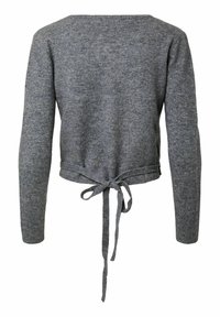Pull en maille gris à manches longues avec une coupe courte et un détail de nœud noué à l'ourlet arrière.
