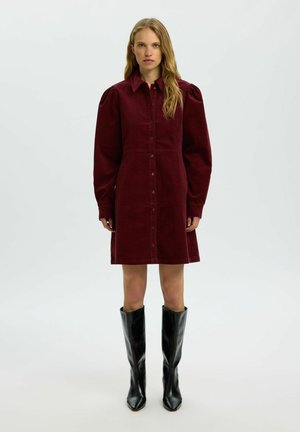 Femme aux longs cheveux ondulés portant une robe bordeaux boutonnée avec des manches bouffantes et des bottes noires montantes jusqu'aux genoux, debout sur un fond blanc.