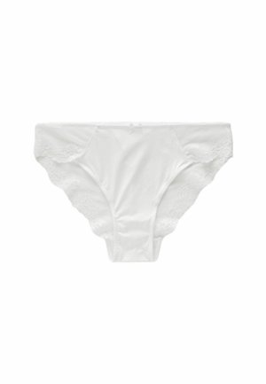 Mutande bianche realizzate in un tessuto liscio con bordo in pizzo lungo i margini, dotate di un piccolo fiocco al centro anteriore.