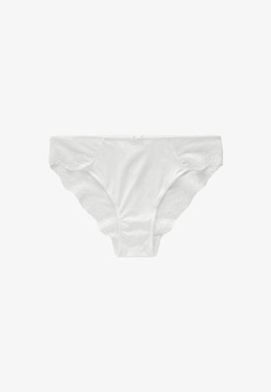 Bílé kalhotky vyrobené z hladkého materiálu s krajkovým lemem po okrajích, s malou mašlí uprostřed vpředu.